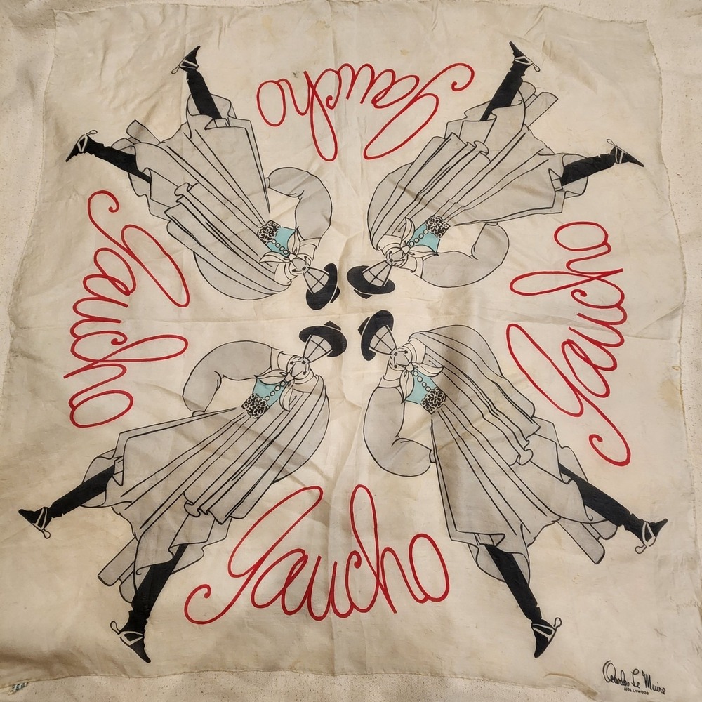 Vintage Charles Le Maire Hollywood Gaucho Silk Scarf Designer Signed Red Black